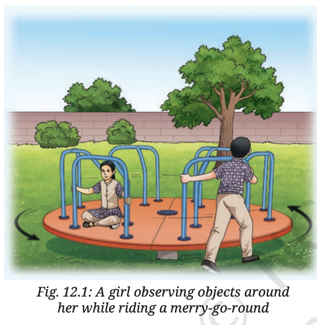 Fig 12.1 — A girl observing objects around her while riding a merry-go-round