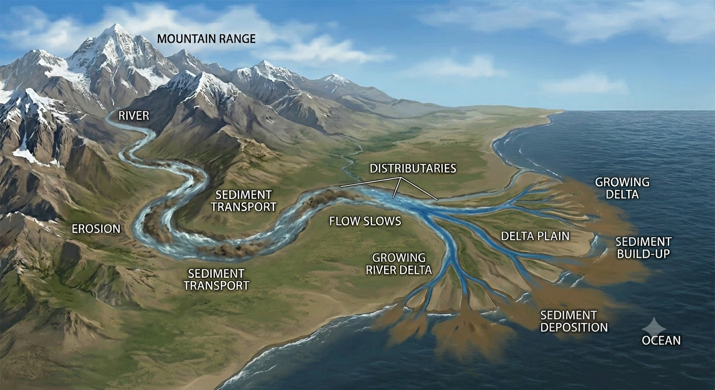 Diagram showing how a river delta forms — river carries sediment from mountains, flow slows near ocean, sediment deposits creating a growing delta plain with distributaries